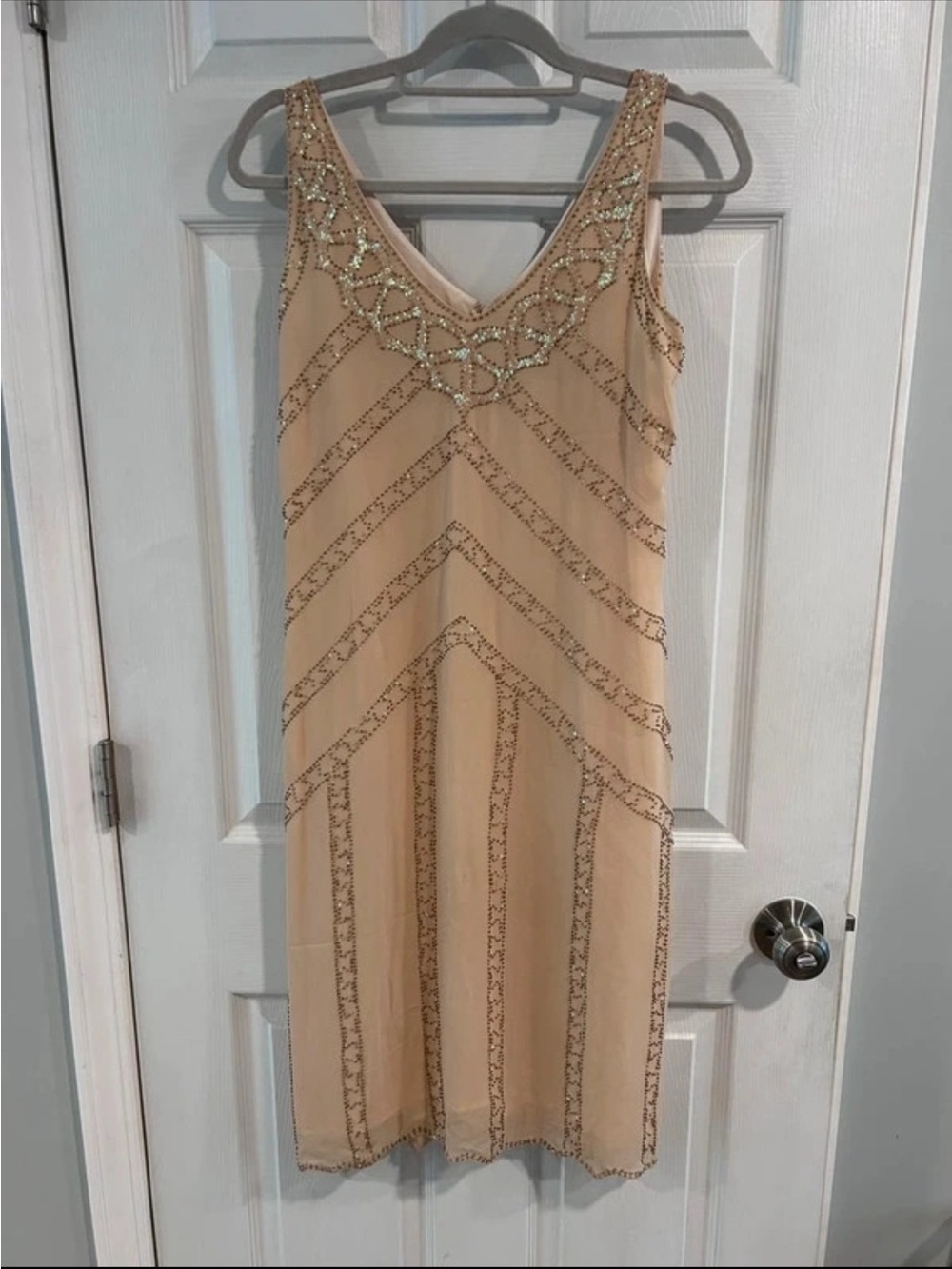 Beaded  V-Neck Beige Evening Dress